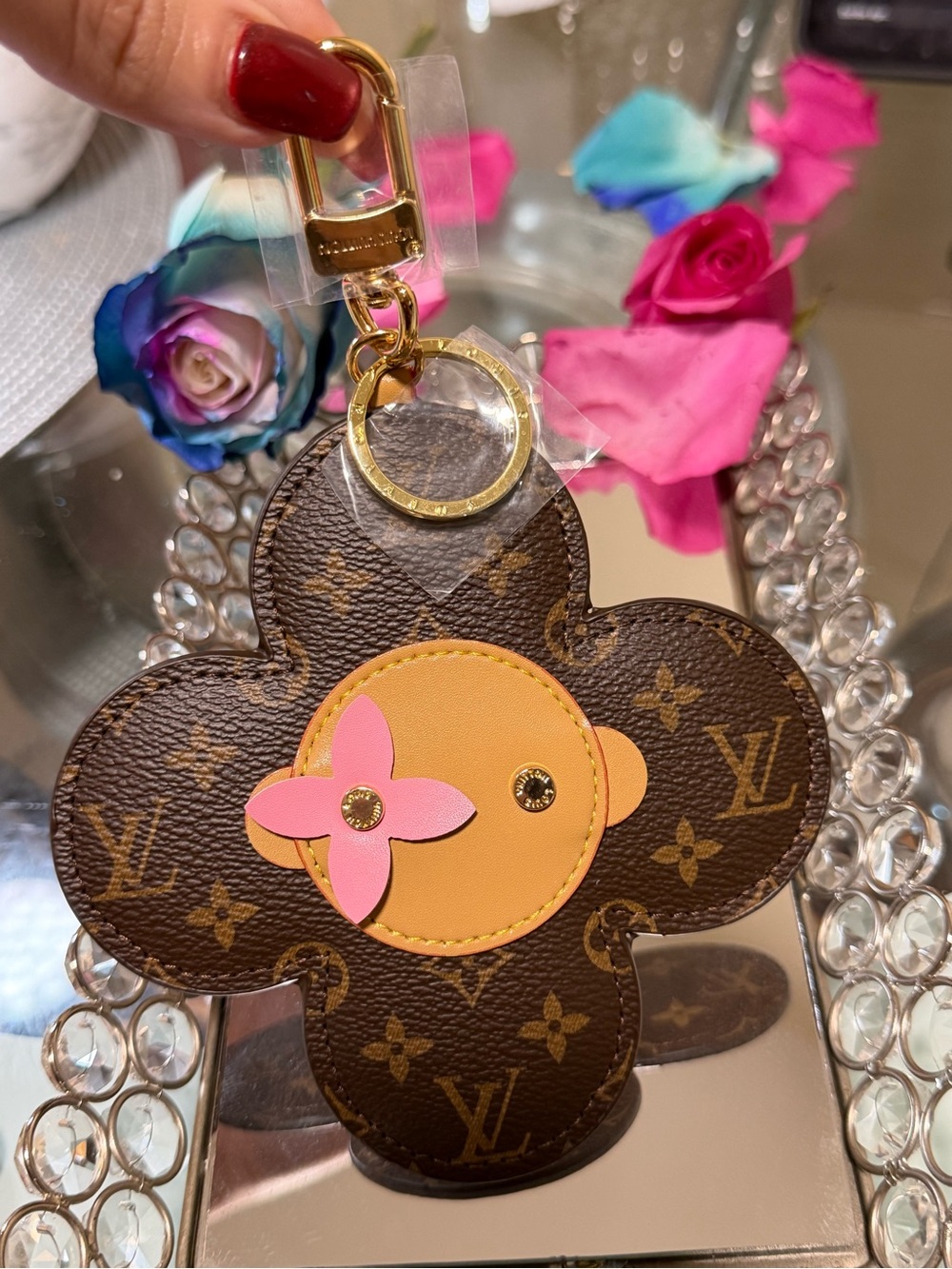 Keychain big size Flower Bag Charm in Brown & Pink